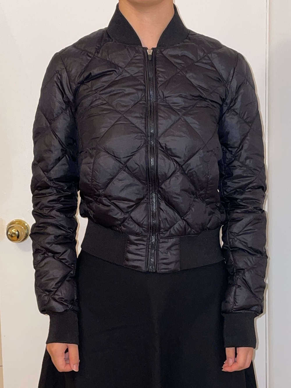 Black Goose Down Quilted Bomber Jacket